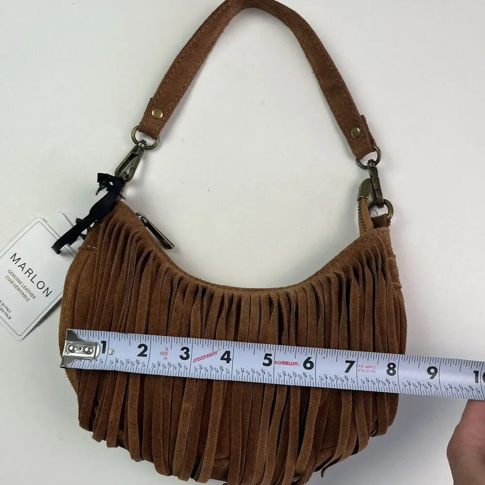 NWT Marlon Italy Suede Fringe Crescent Hobo Bag Brown Western Cowgirl Festival